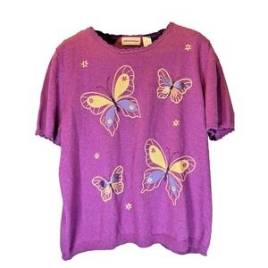 Vintage Alfred Dunner Purple Butterfly Embroidered Sweater Women's XL Y2K 90s